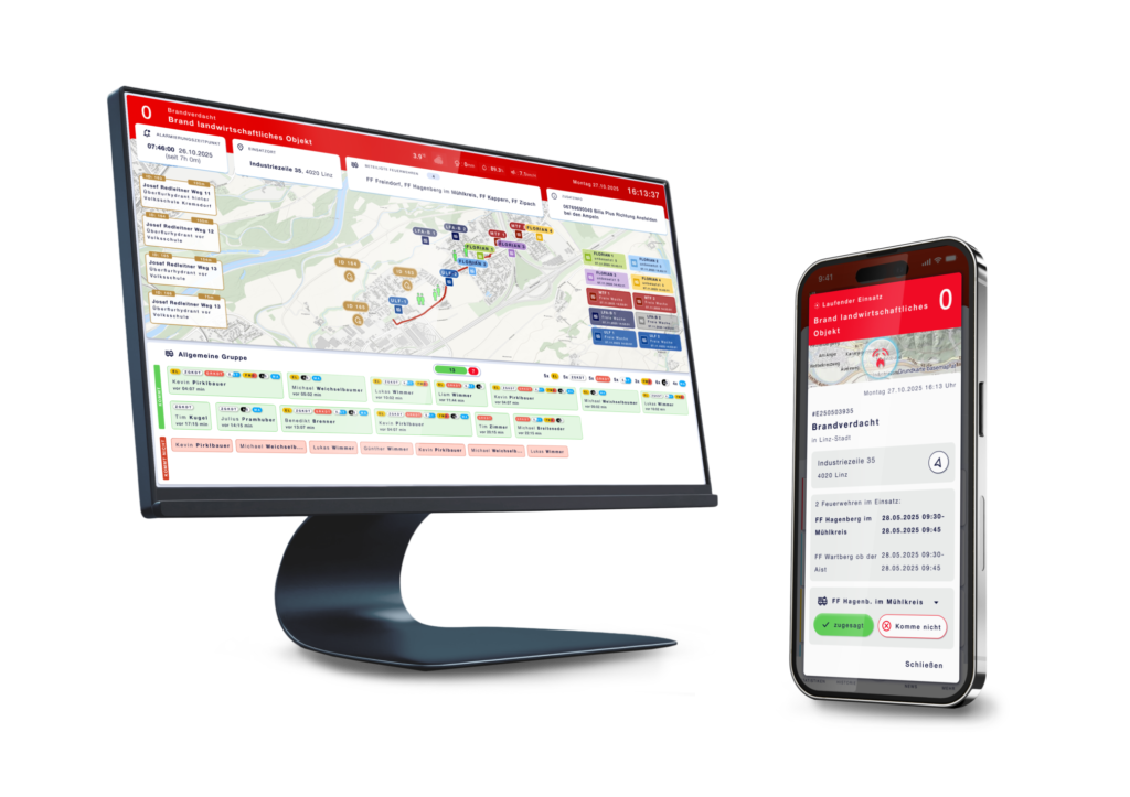 Dashboard der Feuerwehreinsatzinfos App dargestellt auf PC Monitor und Smartphone